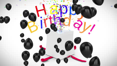 animation of happy birthday text over balloons and present on white background