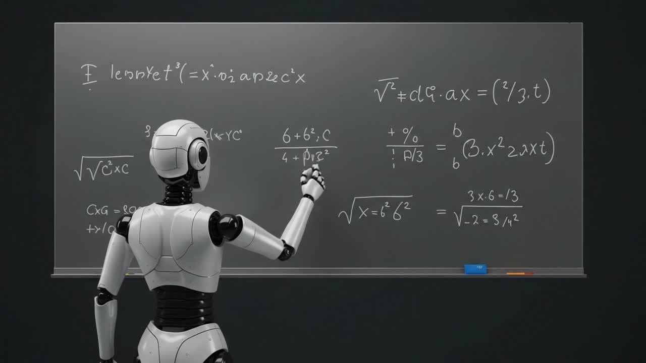 A Robot Engaging in Mathematical Problem Solving on a Blackboard, Showcasing the Process of Understanding Complex Equations and Calculations