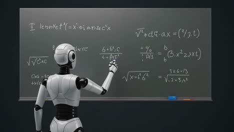a robot engaging in mathematical problem solving on a blackboard, showcasing the process of understanding complex equations and calculations
