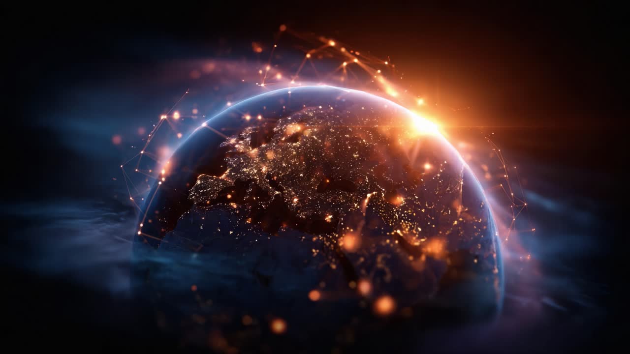 Representação artística impressionante da Terra, destacando as conexões globais com redes brilhantes e efeitos de luz dinâmicos contra um plano de fundo cósmico escuro