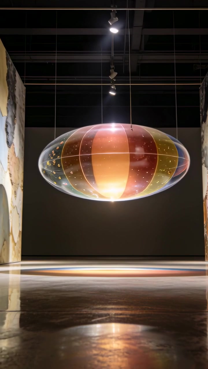 Video verticale: Pezzo ovale appeso che ruota dopo l'avvio del motore in una galleria con fasce, bolle e cavi.