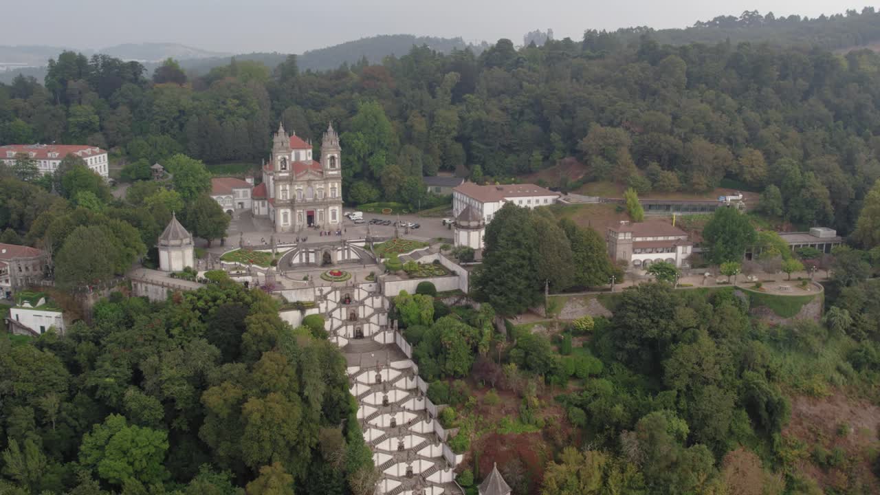 Aerial Bom Jesus do Monte sanctuary and baroque stairway in Braga Portugal