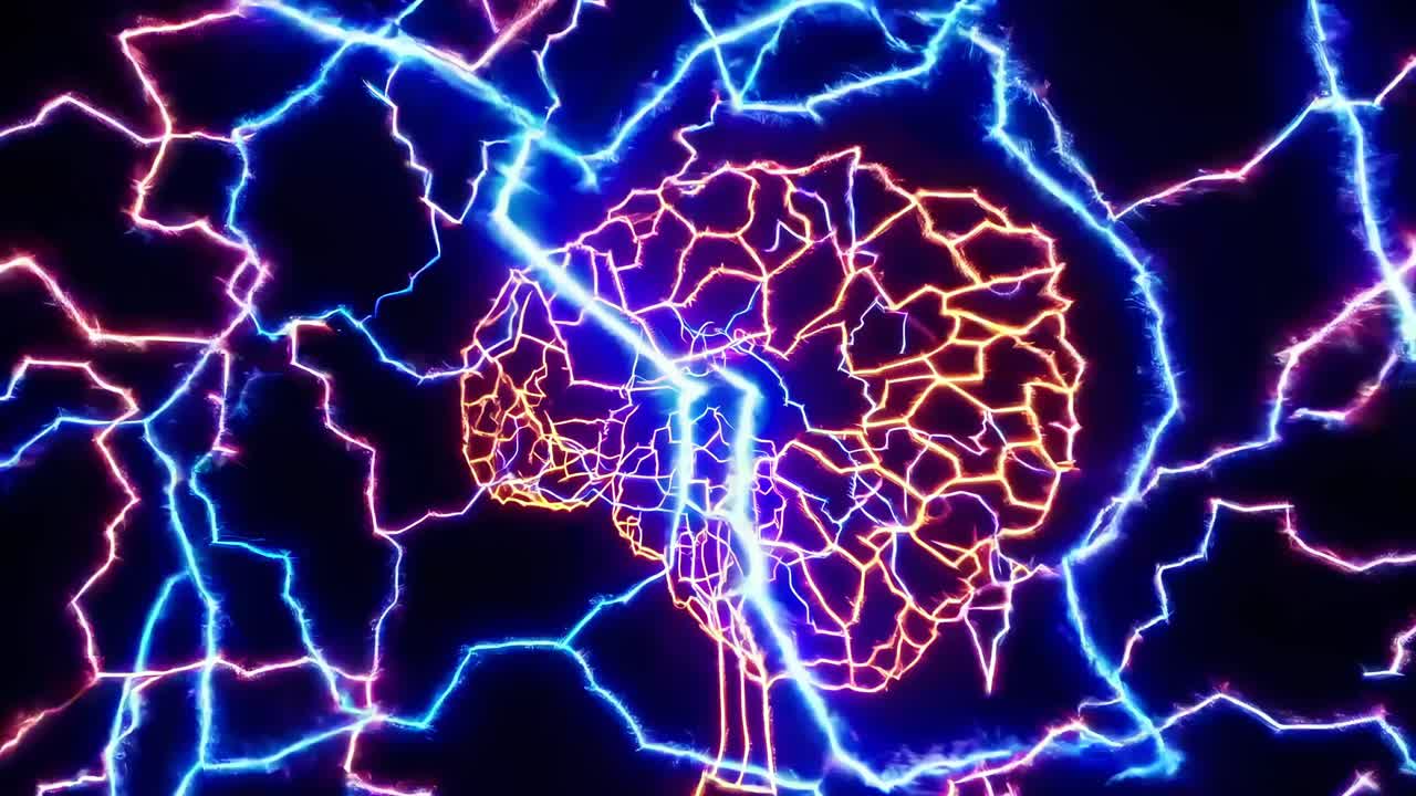 Dynamic top-down view of colorful electric currents against a dark background