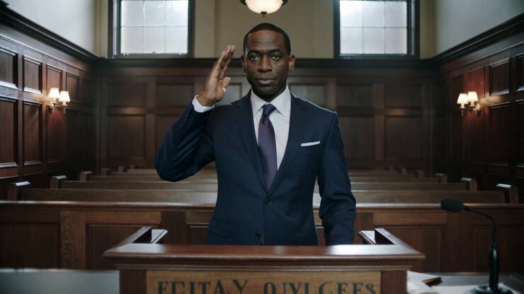 Raising hand after oath request, witness in navy-suit reciting oath in courtroom at stand with mic