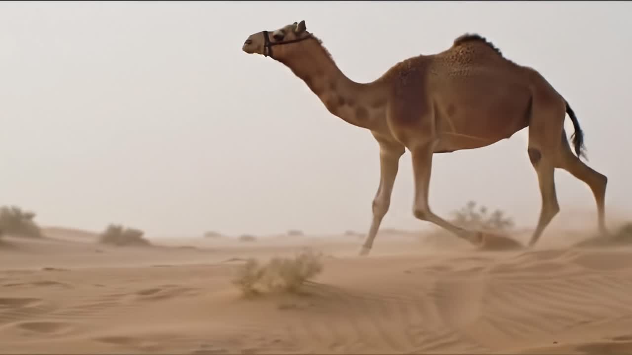 A solitary camel moves gracefully across the vast expanse of the sandy desert, showcasing its strength and adaptability amidst the serene yet challenging landscape