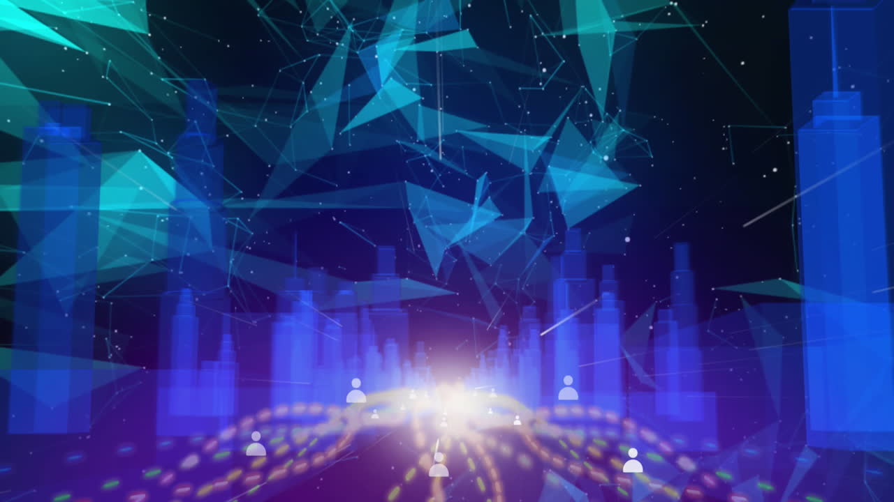 플렉서스 네트워크, 프로필 아이콘 및 3d 도시 모델에 대한 반이는 빛 트레일의 애니메이션