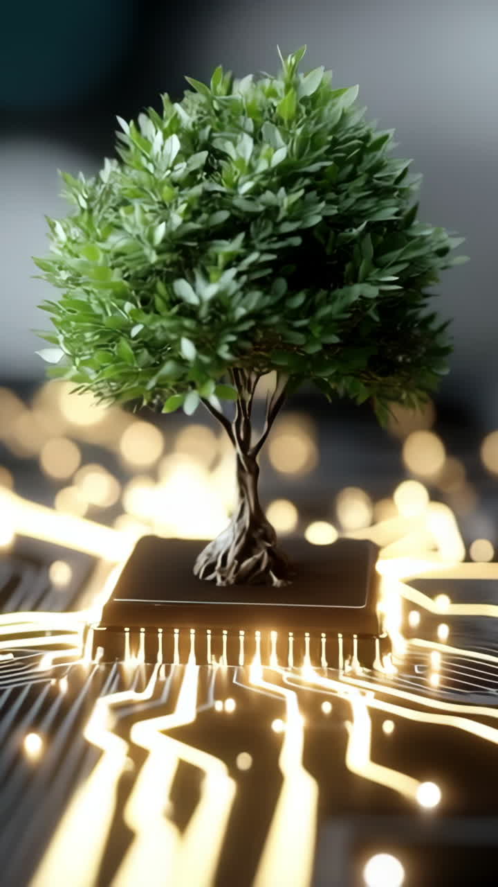 Tech links nature and circuits. A tiny tree grows from a computer chip amid glowing circuits, symbolizing nature and technology merging.
