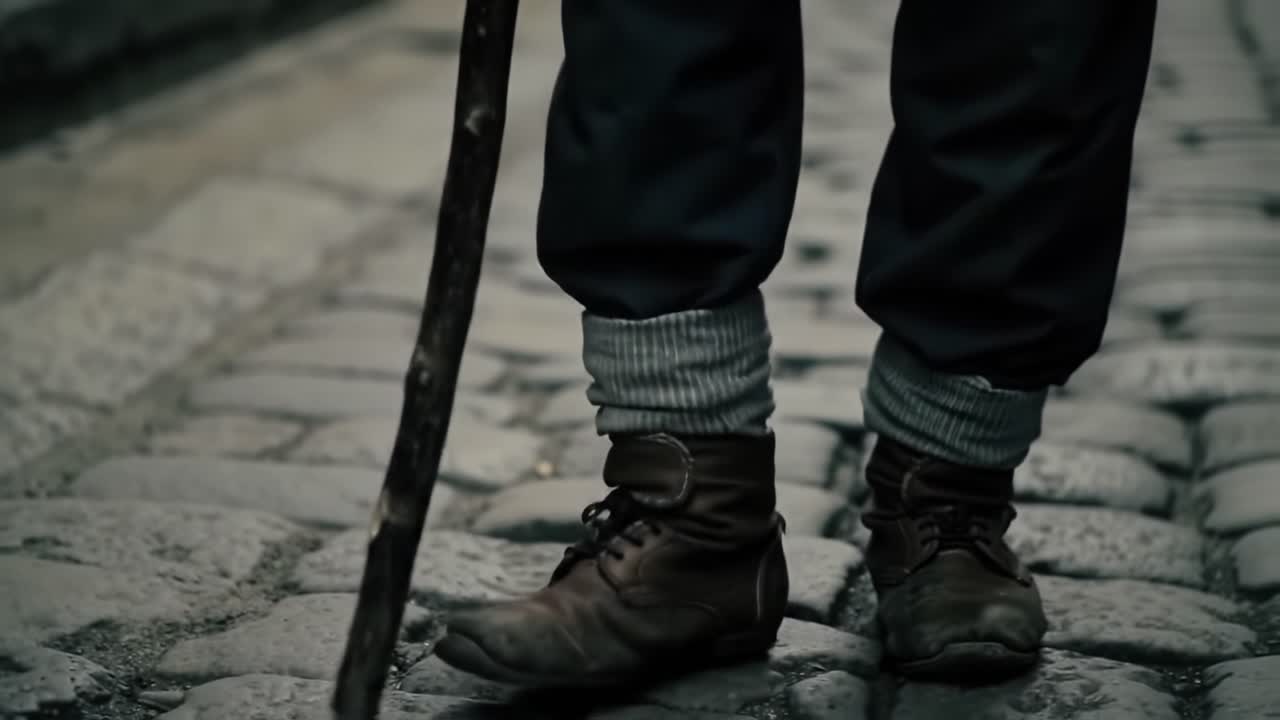 An Intimate Glimpse of Resilience: A Person's Feet in Worn Boots Stand Firmly on Cobblestone Streets, Emphasizing Their Journey and Strength Through Time
