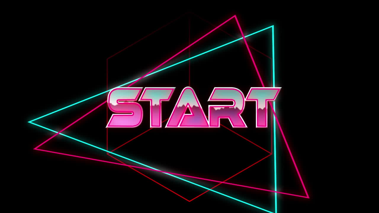 Animation of start text in pink metallic, over neon lines on black