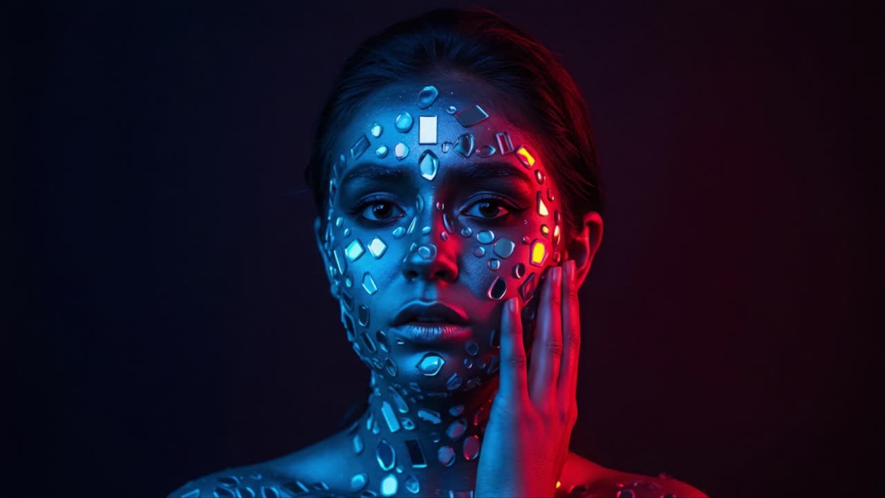 Un magnifico ritratto di una modella adornata con forme riflettenti e doppia illuminazione, che crea un'atmosfera eterea esaltata da un contrasto cromatico unico