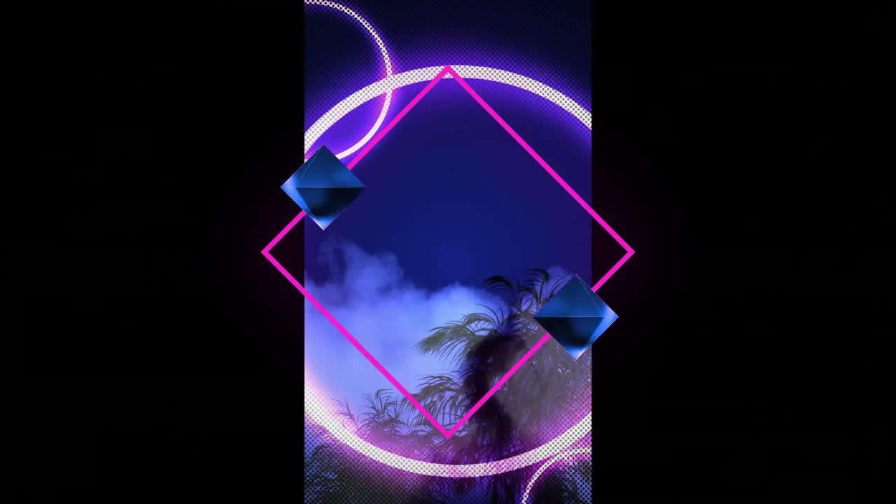 animación de interferencias y formas de neón que se mueven sobre los árboles y el cielo.