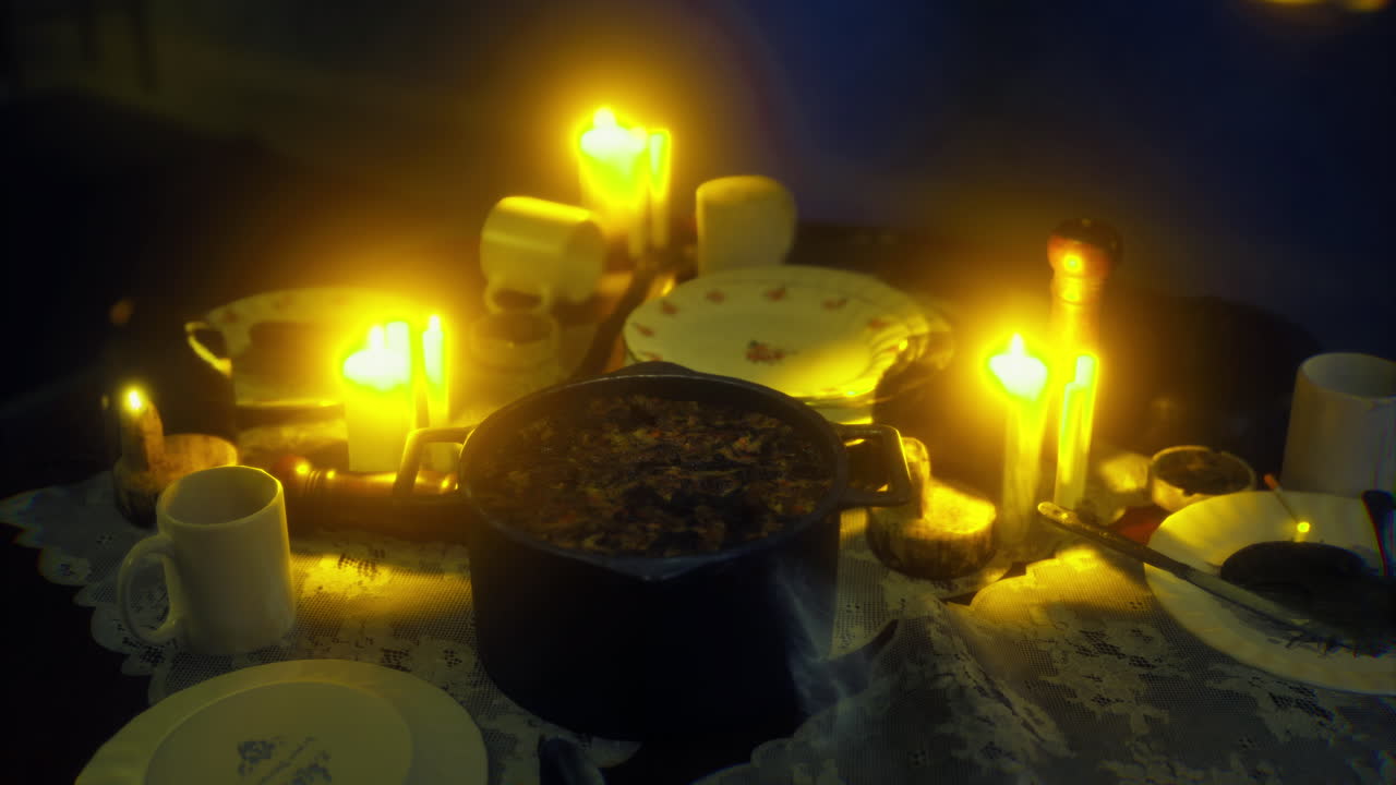 Cozy candlelit dinner with homemade meal and warm ambiance in evening