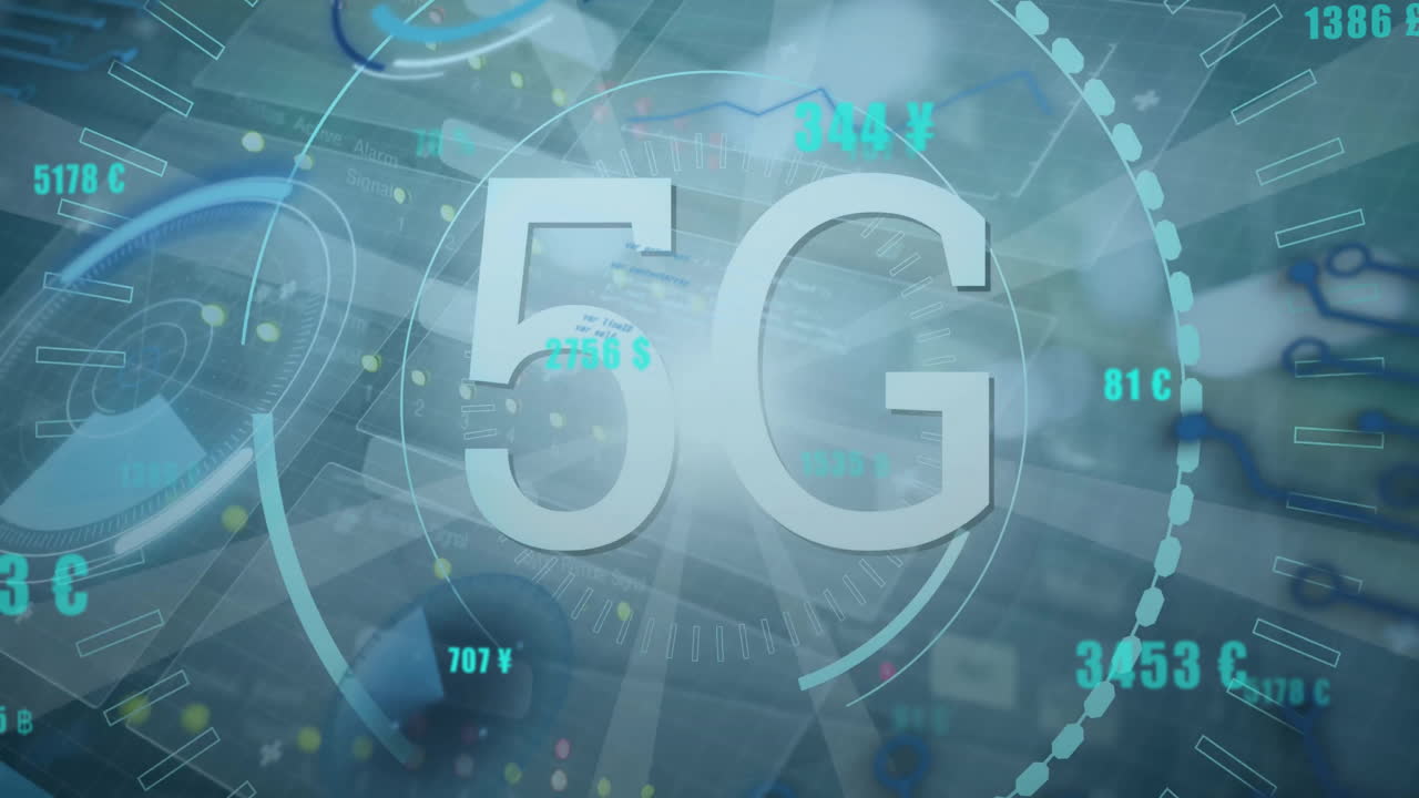 animazione di testo 5g in cerchio con linguaggio di programmazione e numeri mutevoli su fasci di luce