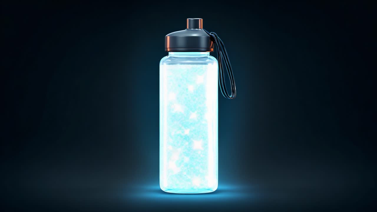 A Striking Visual of a Glow-In-The-Dark Water Bottle Illuminated with Sparkling Particles Capturing the Essence of Refreshment and Style in a Dark Background