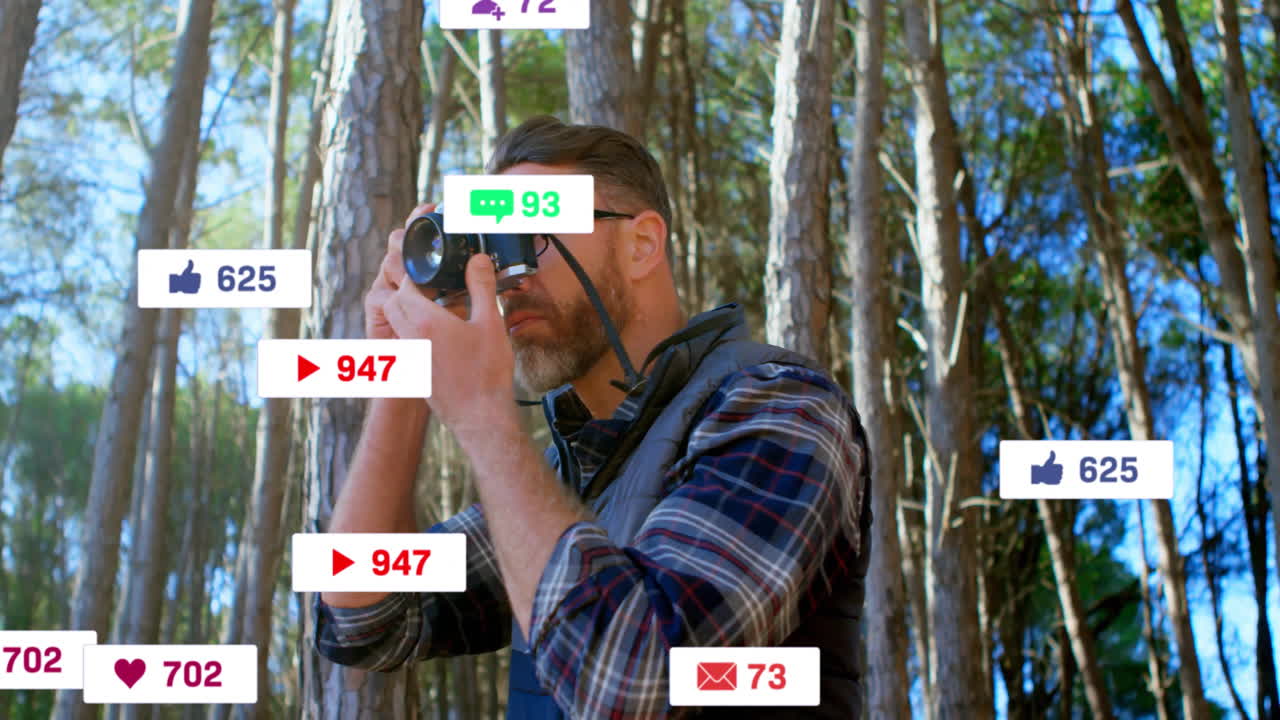 Photographer framing pine forest scene, featuring floating social media icons for marketing