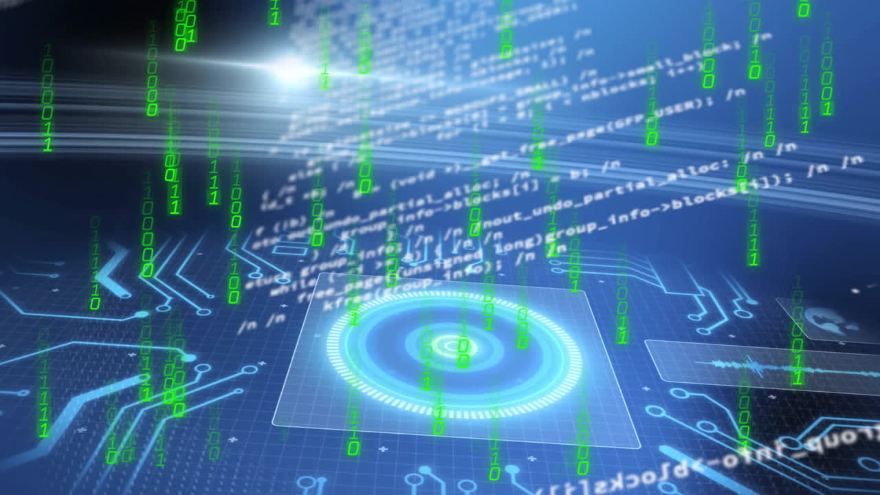 Animation of green binary code falling over digital interface with blue graphics