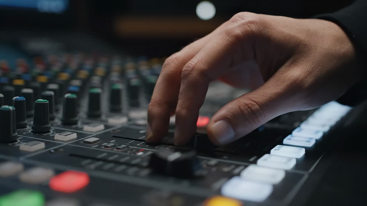 Close-up of a hand adjusting a sound mixing console