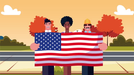 happy labor day celebration with workers lifting usa flag