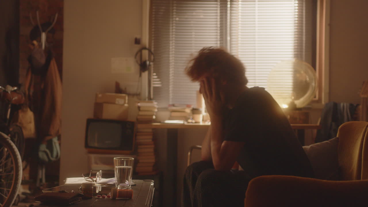 소파에 앉아서 괴로워서 비명을 지르고 감정적으로 울고 있는 긴장한 남자