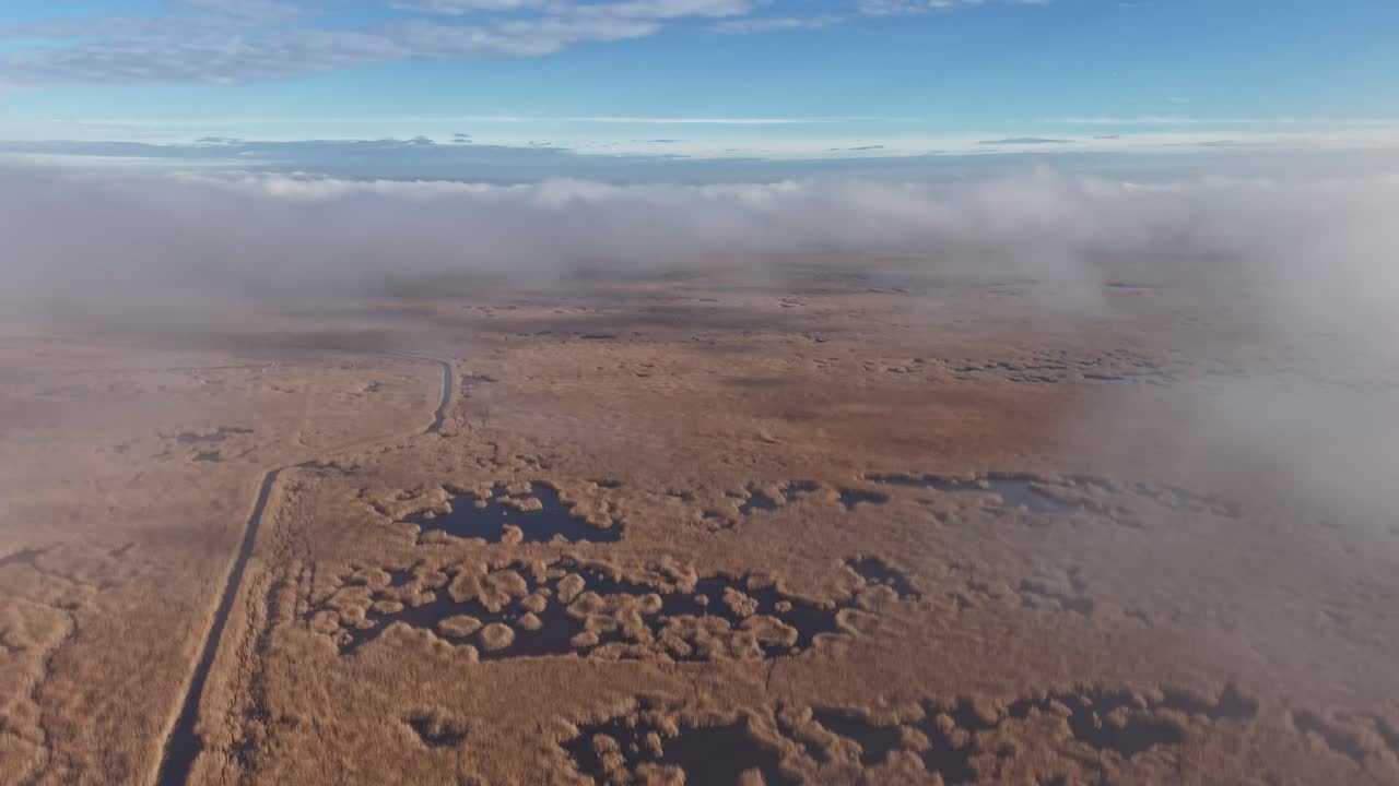 Time lapse aerial view of a golden marshland stretching to the horizon under a clear blue sky. A narrow water channel cuts through the wetland, surrounded by scattered pools and textured vegetation