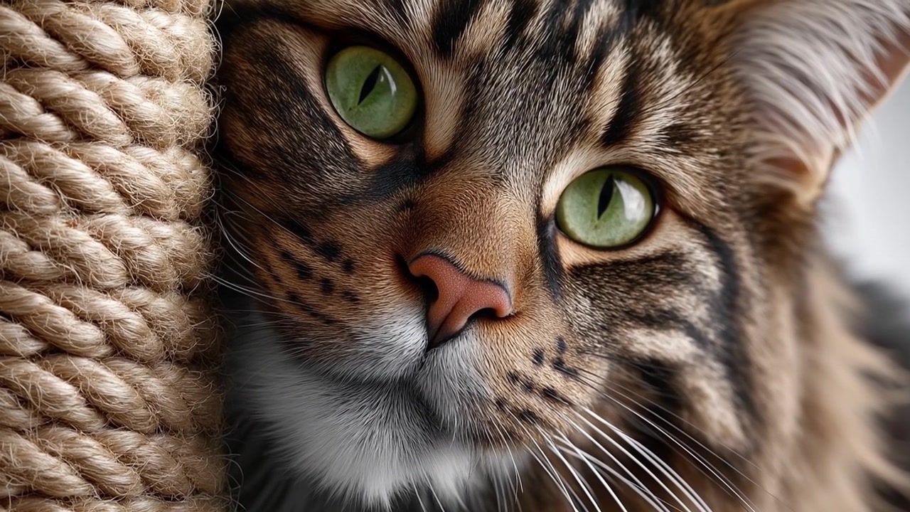 Primo piano estremo del muso di un gatto soriano con occhi verdi accanto a una spessa corda di sisal.