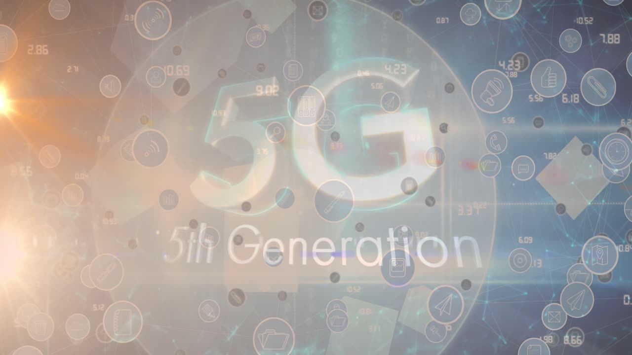 비즈니스 아이콘과 5g 텍스트의 애니메이션, 빛의 점과 지구