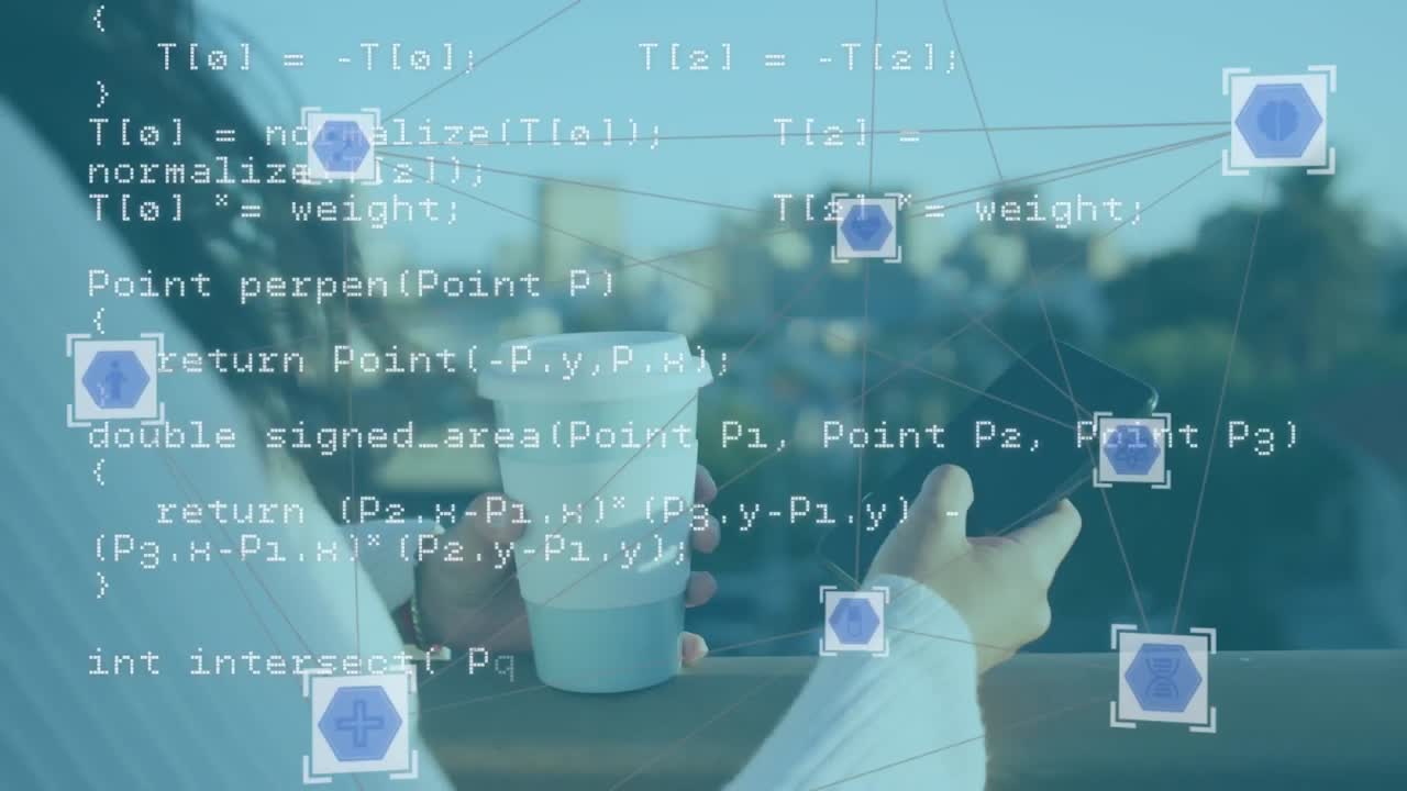 Animation of data processing over caucasian woman using smartphone