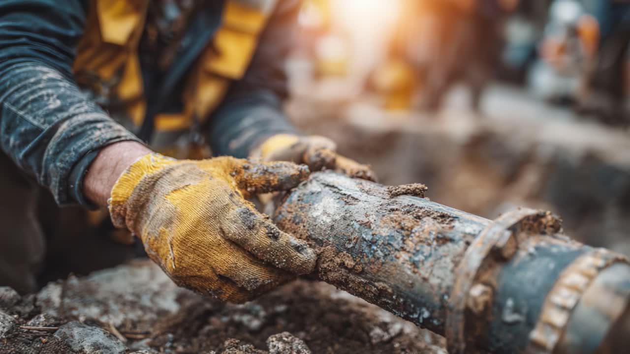 Un operaio impegnato nell'installazione e riparazione di tubazioni con un'attenzione dettagliata all'attrezzatura in un cantiere di scavo, evidenziando l'importanza della manodopera specializzata nei progetti infrastrutturali