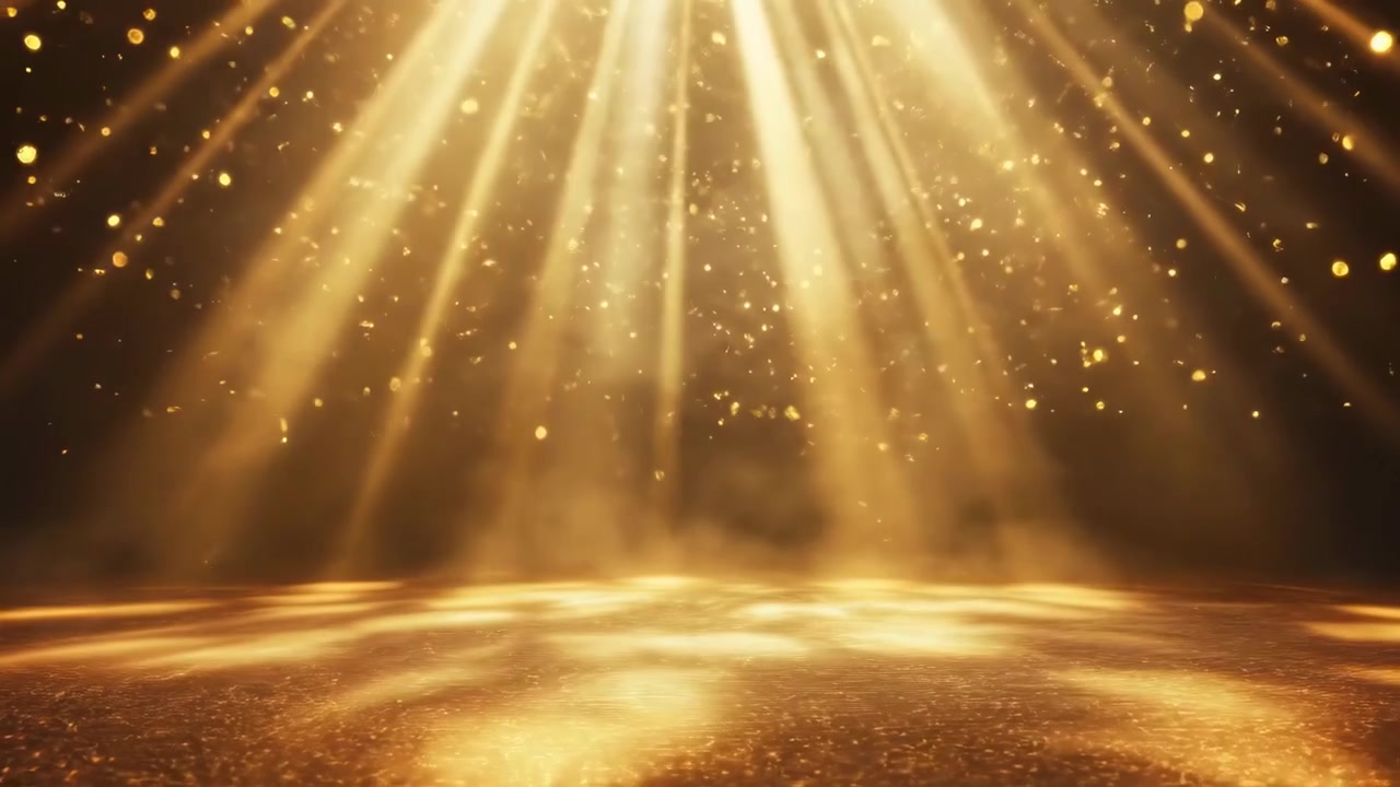 Golden Light Rays with Falling Glitter Particles on a Stage