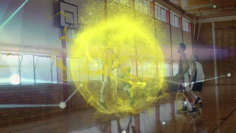 animation of yellow smoke and network of connections over diverse male basketball players