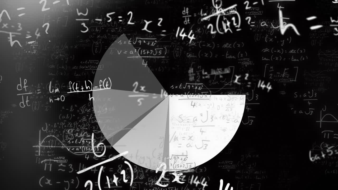 Animation of mathematical data processing and pie chart over black background