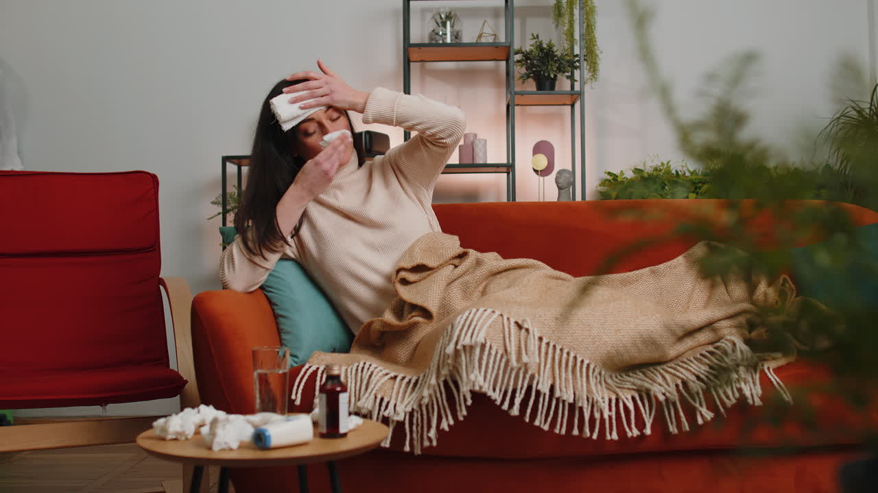 Sick ill woman girl suffering from cold or allergy lying on home sofa sneezes wipes snot into napkin