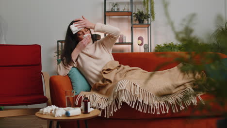 sick ill woman girl suffering from cold or allergy lying on home sofa sneezes wipes snot into napkin