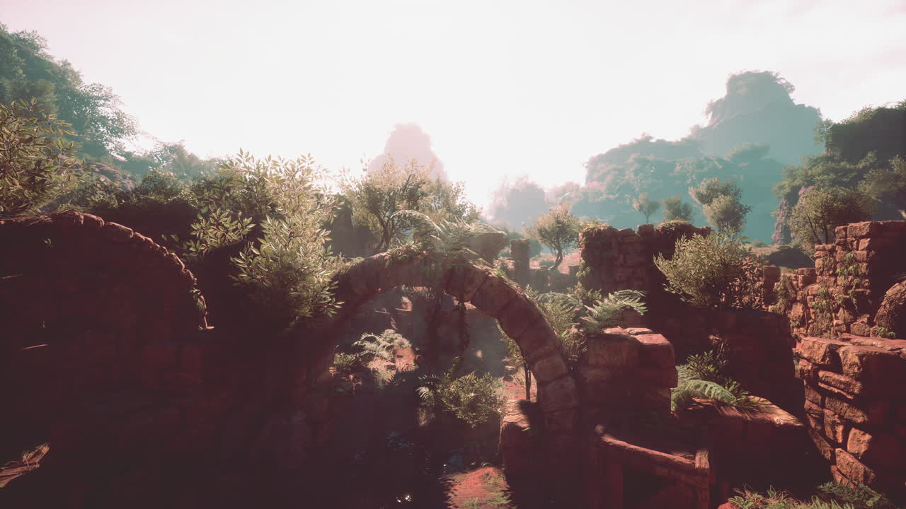 Ancient ruins surrounded by lush greenery under a warm morning sunlight