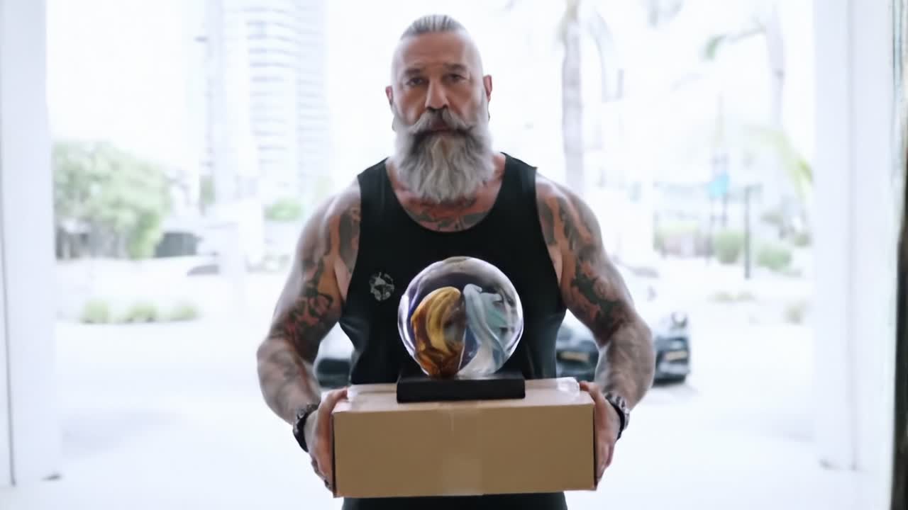 A bearded man confidently carries a unique decorative piece in a box as he walks through a modern space, capturing a blend of artistry and strength in his demeanor