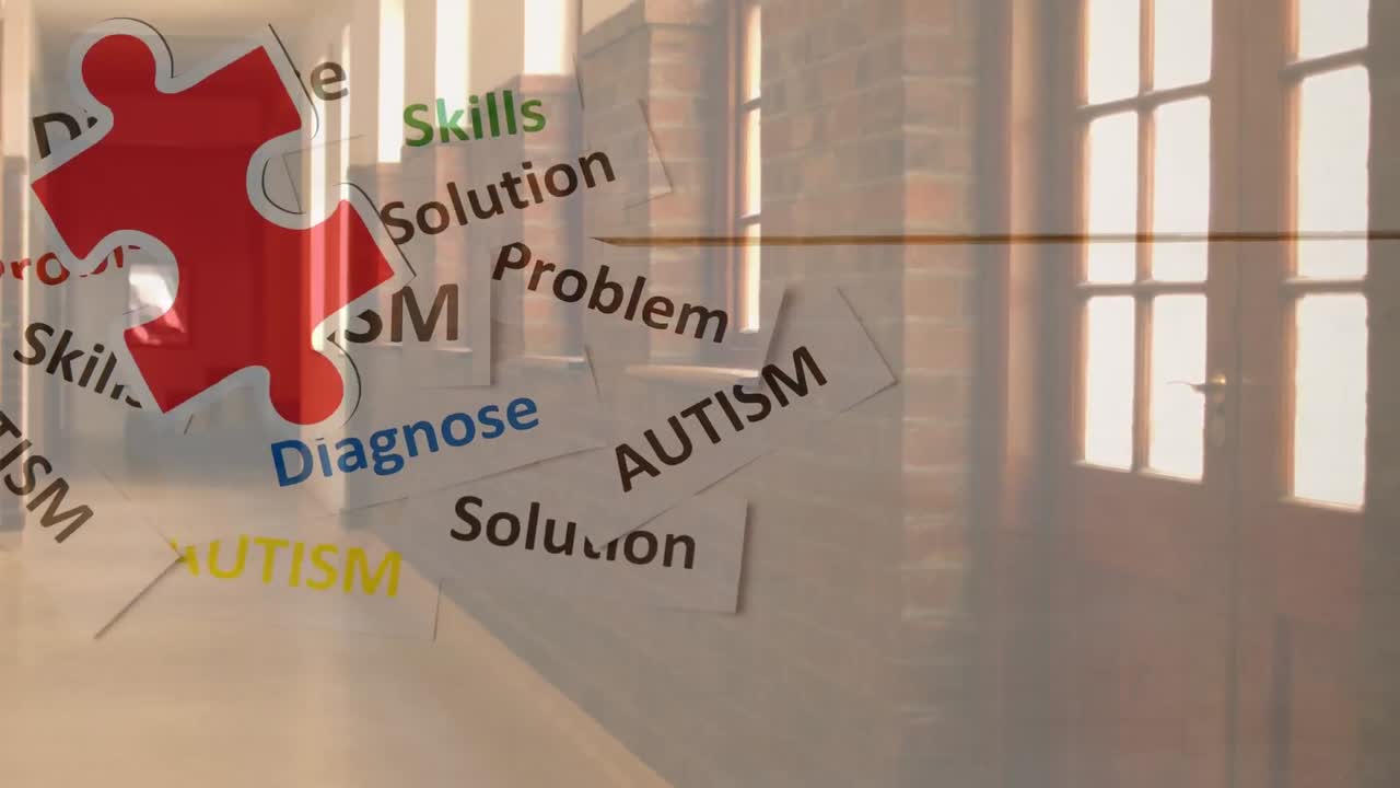 오티즘 텍스트와 빈 학교 복도 위에 떨어지는 퍼즐의 애니메이션