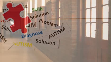 Animation of puzzles falling over autism text and empty school corridor