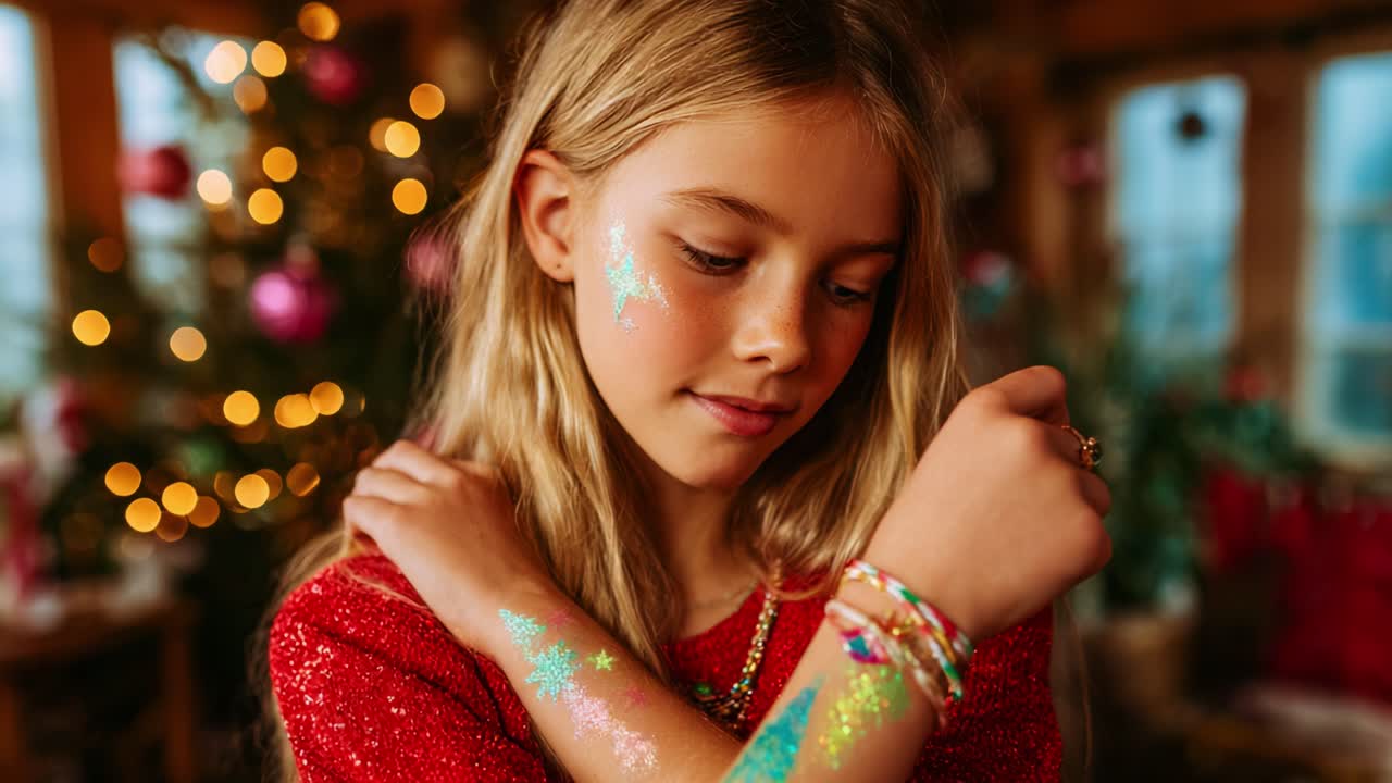 A Young Girl Dressed in Festive Red Attire Showcases Her Glittery Body Art Amidst a Cozy Holiday Setting Filled with Christmas Lights and Decorations
