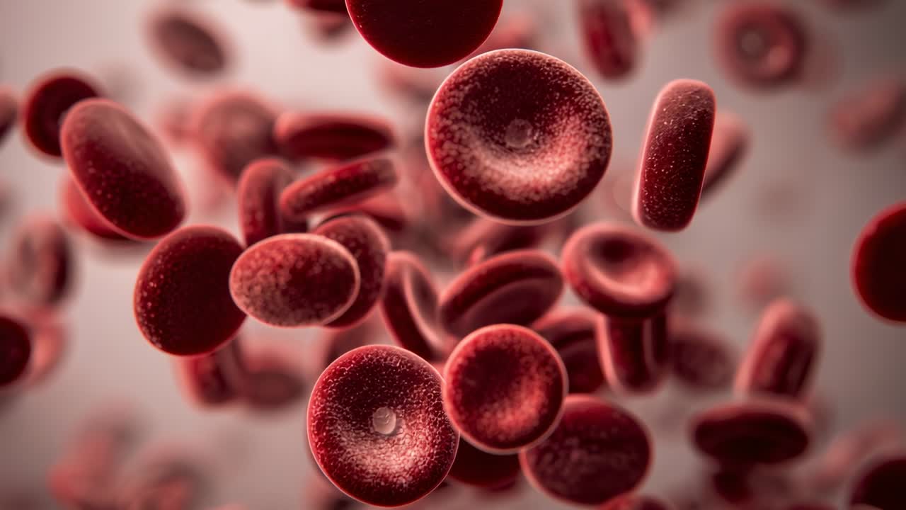 Camera pushing through drifting red blood cells wobbling and rotating inside blood vessel fluid