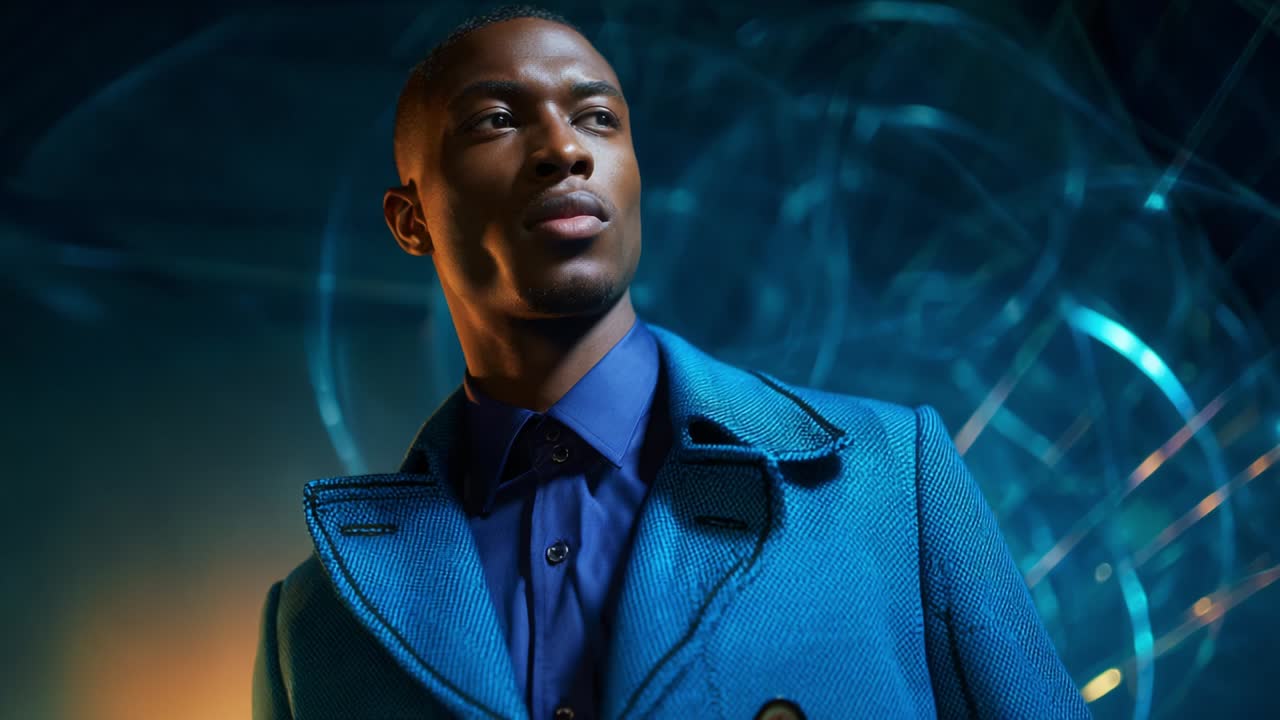 Captivating Portrait of a Model Exuding Confidence and Style in a Stunning Blue Coat Against a Dynamic Background with Gentle Lighting Highlights, Showcasing Modern Fashion and Elegance