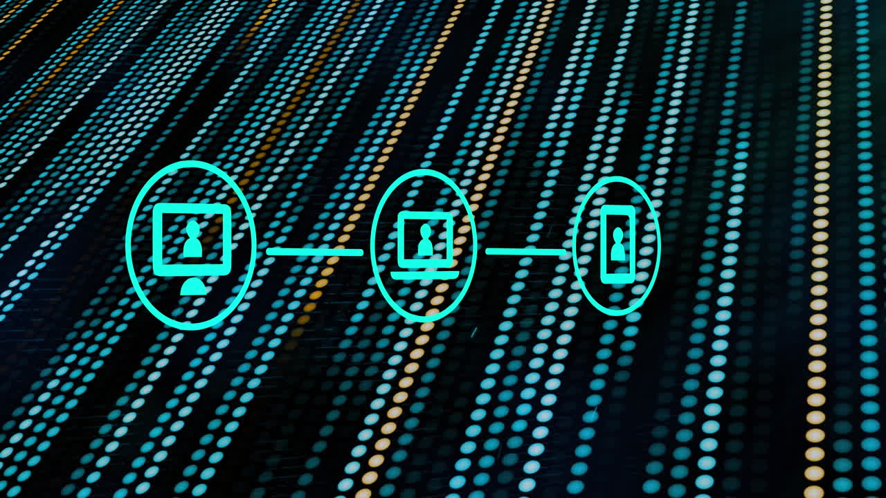 animación de iconos sobre fondo negro con líneas verdes y amarillas