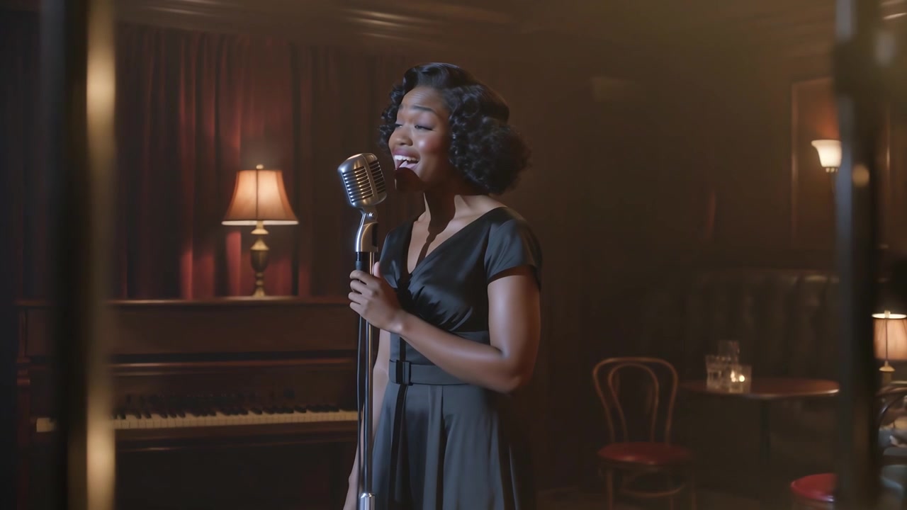 Singing singer in black dress starting after lighting cue on jazz club stage, with vintage mic