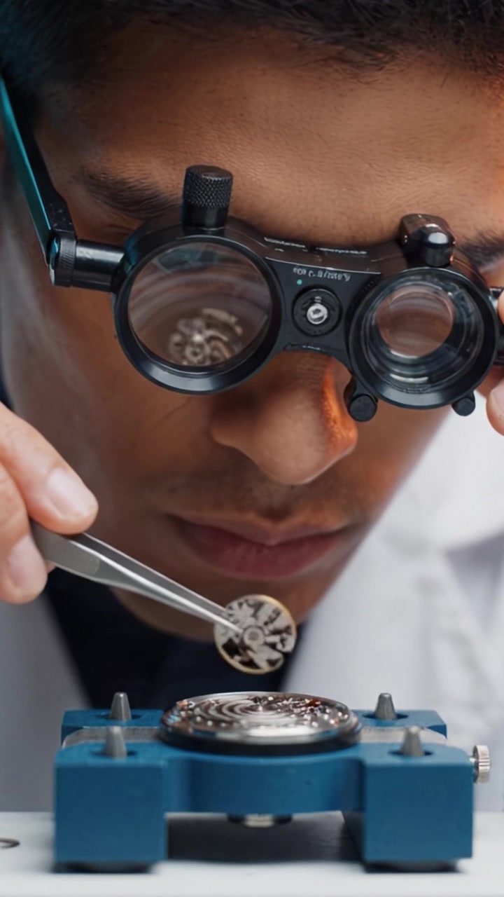 A focused technician inspects intricate watch components using precision tools, emphasizing craftsmanship and attention to detail in horological engineering.