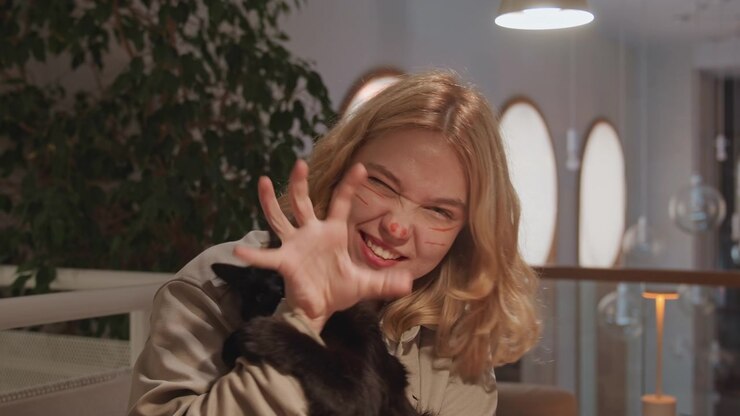 Close up of young woman holding and gently petting black cat in indoor setting with soft lighting. scene features warm ambient light visible plants modern decor elements like hanging lights