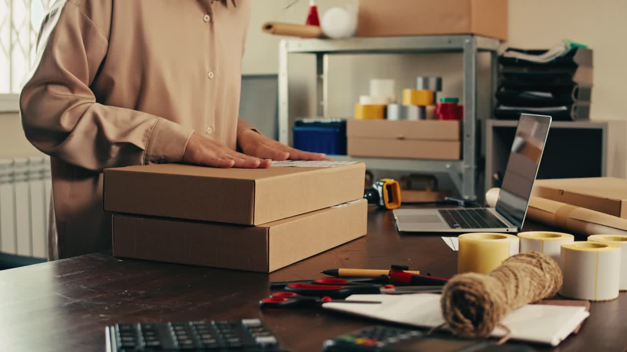 E-commerce storage shop, woman packing goods and clothes for second hand delivery market, dedicated Packaging and Shipping Workspace with Supplies and Technology for efficiency, online sales.