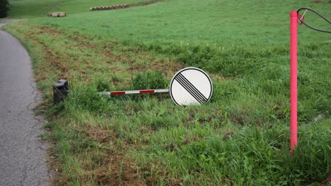 National-speed-limit-sign-white-circle-and-black-diagonal-lines-lays-on-grassy-field-by-road