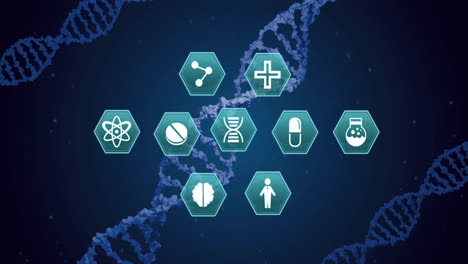 animation of medical icons over dna on blue background