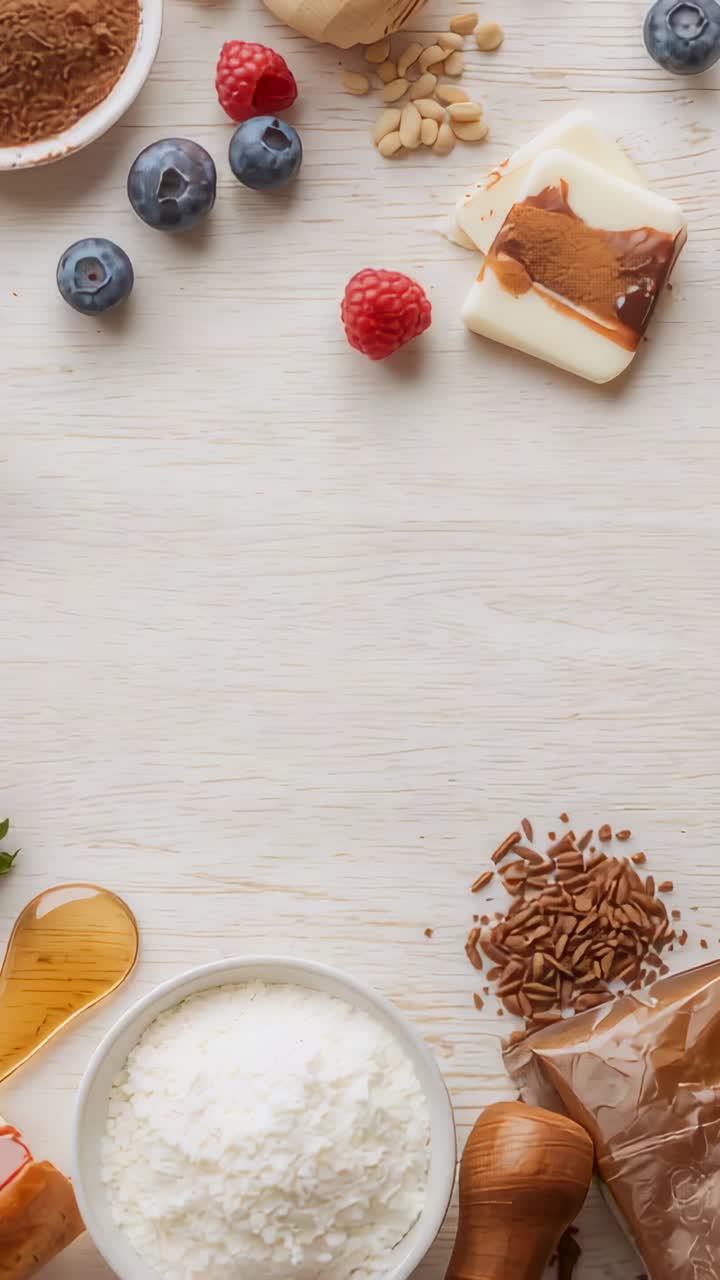 Vertical video: Panning cam showing toppings on wood board for styling, berries and white chocolate