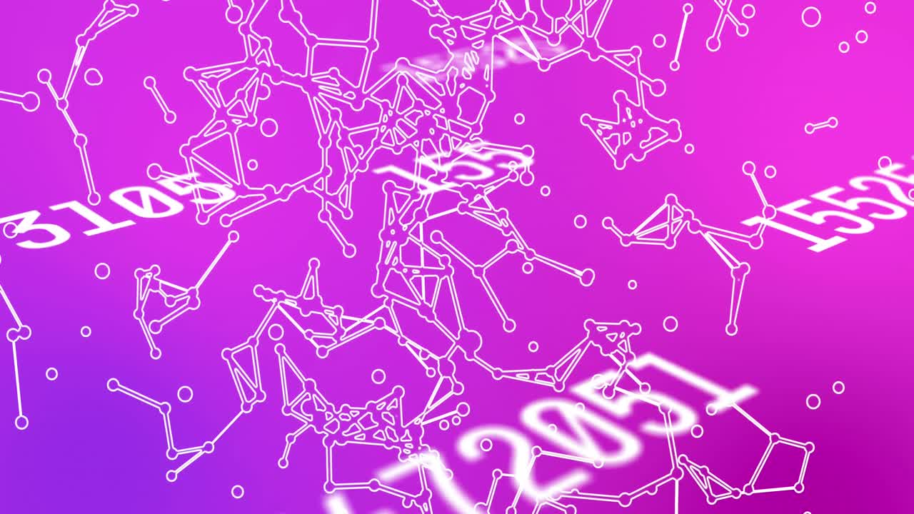 연결 네트워크와 숫자의 애니메이션이 분홍색 배경에 있습니다.