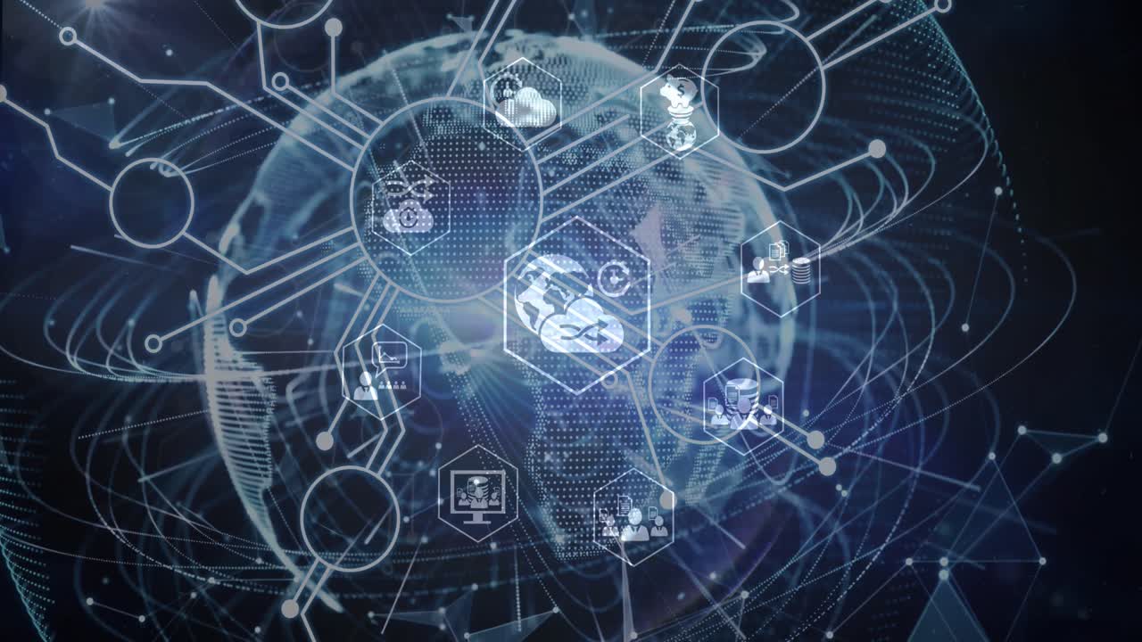 Animation of icons over computer circuit board and globe on black background